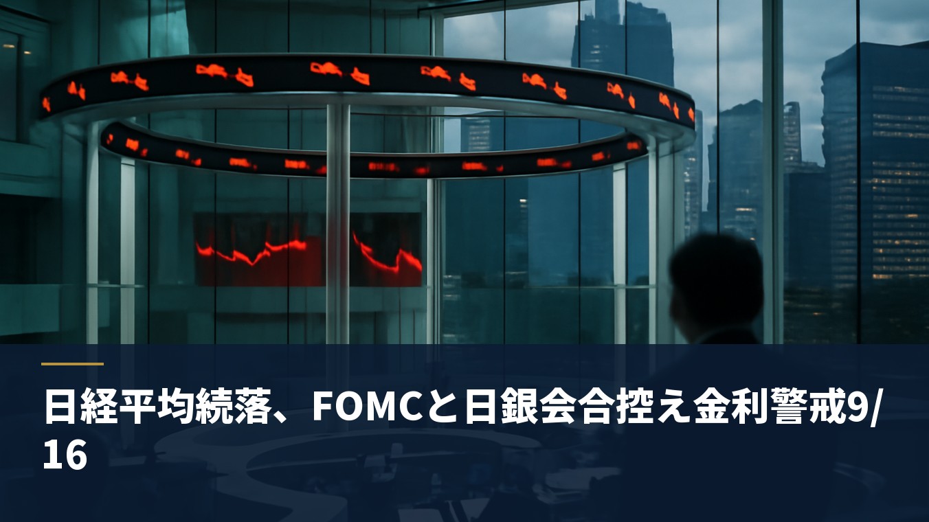 日経平均続落、FOMCと日銀会合控え金利警戒9/16