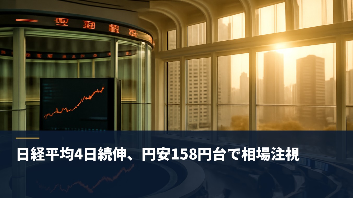 日経平均4日続伸、円安158円台で相場注視